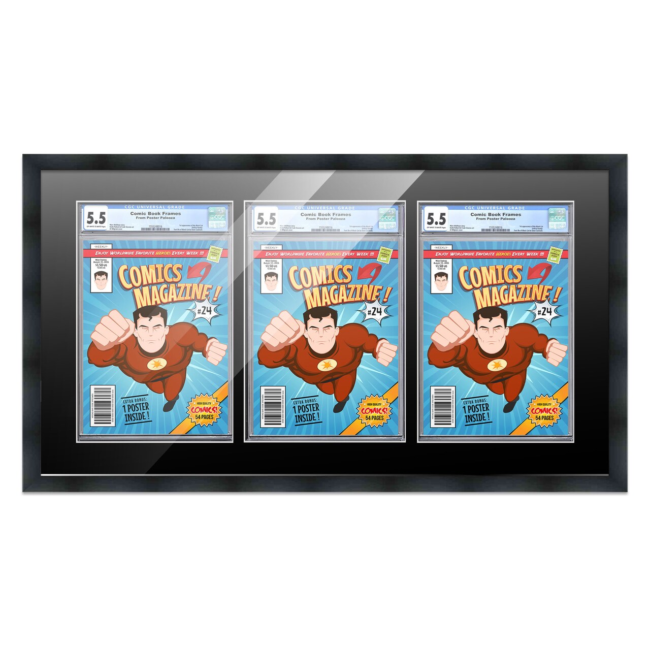 Comic Book Display Frame for CGC, PGX Graded, Slabed Comics - Black Wood Comic Frame With Black Mat for 8.125x13 Comics, 18 Frame Sizes
